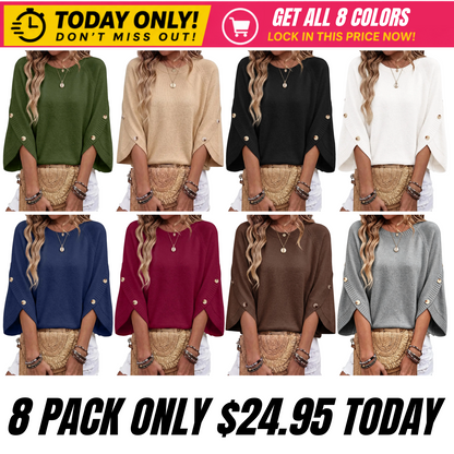 Women's Oversized Sweater, 3/4 Button Sleeve, Crewneck Casual Lightweight Knit Solid Pullover Sweater Top