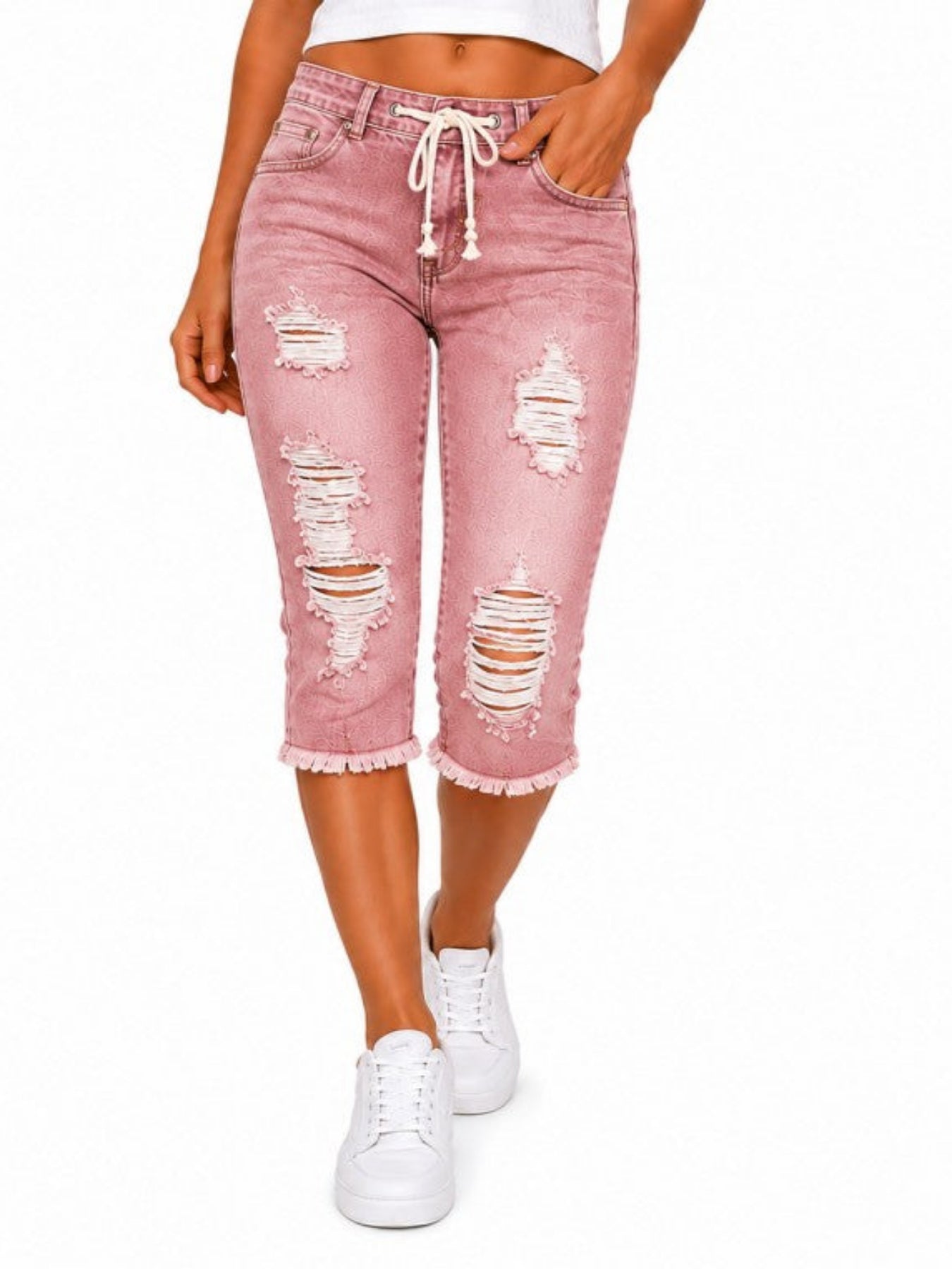 Fashion Distressed Ripped Capri Jeans Plus Size Casual High-Waisted Drawstring Waist Denim Cropped Pants + Lace cutout top