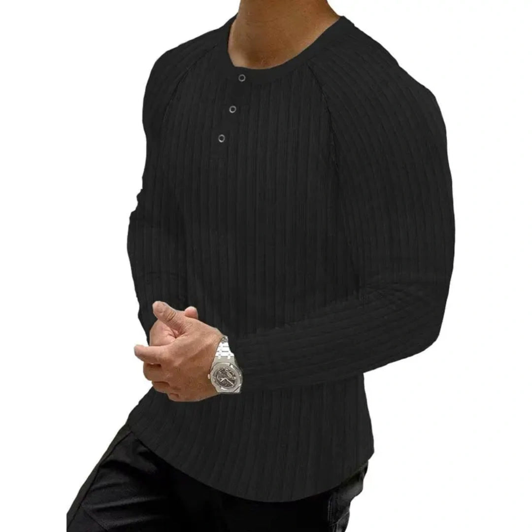 Men's Ribbed Slim Fit Long Sleeve Henley Shirt - Fitted Cotton Knit Basics Top