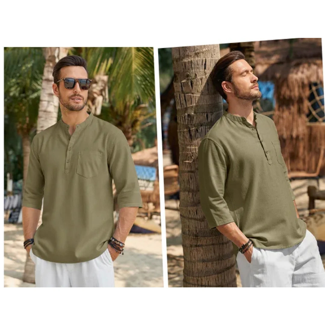 Men’s Lightweight Linen Henley Shirt –  3/4 Sleeve Casual Top with Pocket