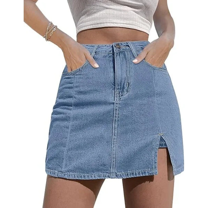 Women’s High Waisted Stretch Denim Skort for Women – Mini Jean Skirt with Built-In Shorts & Side Slit