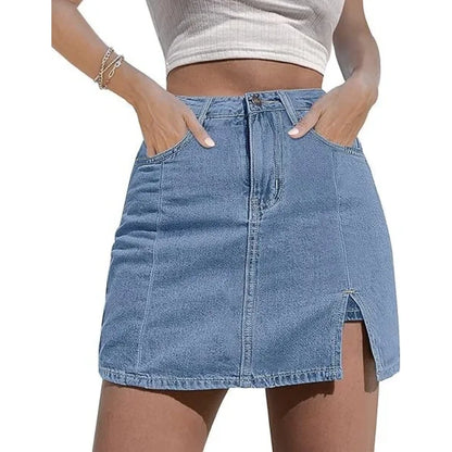 Women’s High Waisted Stretch Denim Skort for Women – Mini Jean Skirt with Built-In Shorts & Side Slit