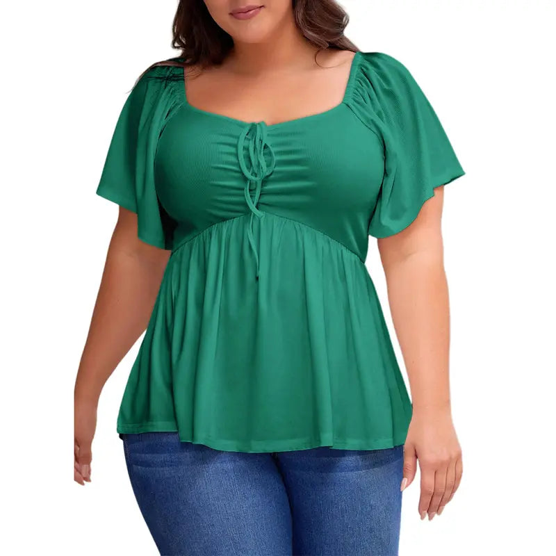 Eytino Women Plus Size Sweetheart Neck Short Sleeve Shirred Peplum Rib Blouse Tops Shirts(1X-5X)