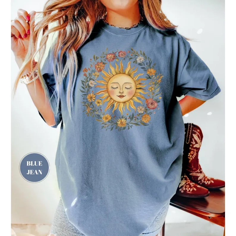 Boho Spiritual Sun T-Shirt, Cute Bohemian Tee, Celestial Hippie Clothing, Vintage Women Clothing, Hippy Clothes, Chic Style, Floral Outfit