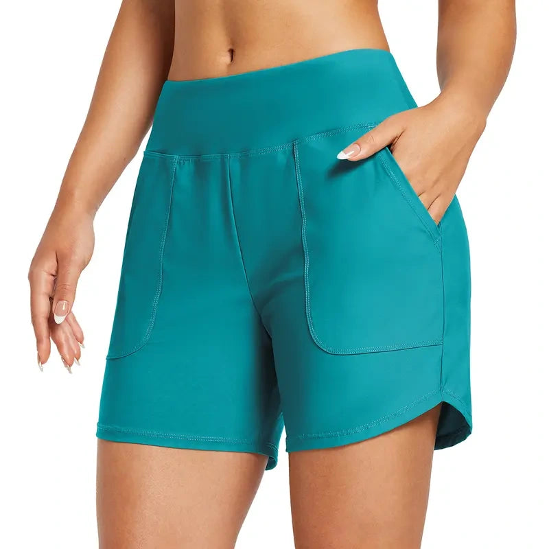 Women's High Waisted Quick Dry Swim Shorts with Zipper Pockets