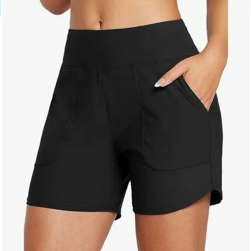 Women's High Waisted Quick Dry Swim Shorts with Zipper Pockets