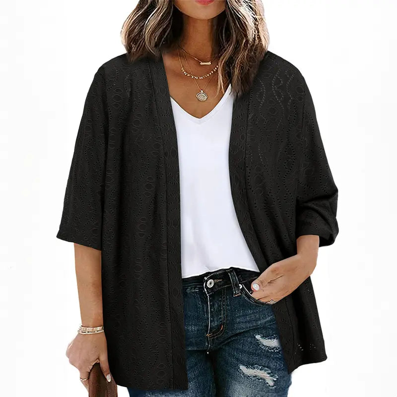 Plus Size Knitted Jacquard Cardigan for Women, Half Sleeve Summer Kimono Cover Up, Elegant Open Front Tops