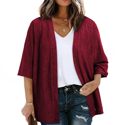 Plus Size Knitted Jacquard Cardigan for Women, Half Sleeve Summer Kimono Cover Up, Elegant Open Front Tops
