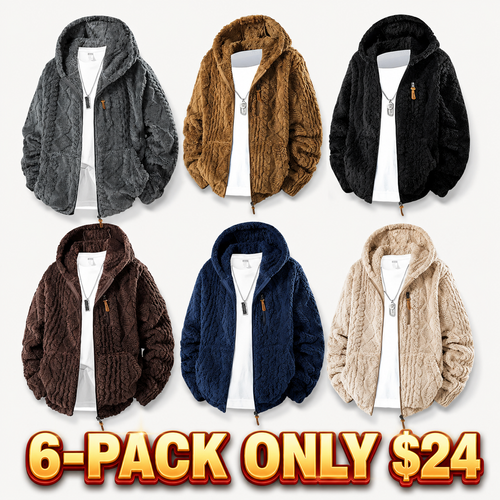 Men's Jacquard Thermal Fleece Zip-Up Hoodie, Loose Fit Warm Plush Texture Hooded Jacket with Kangaroo Pockets