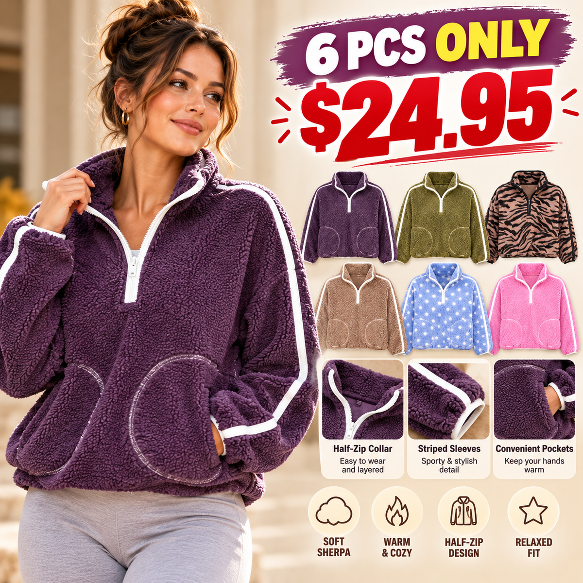 Women's  Loose Sherpa Half-Zip Pullover