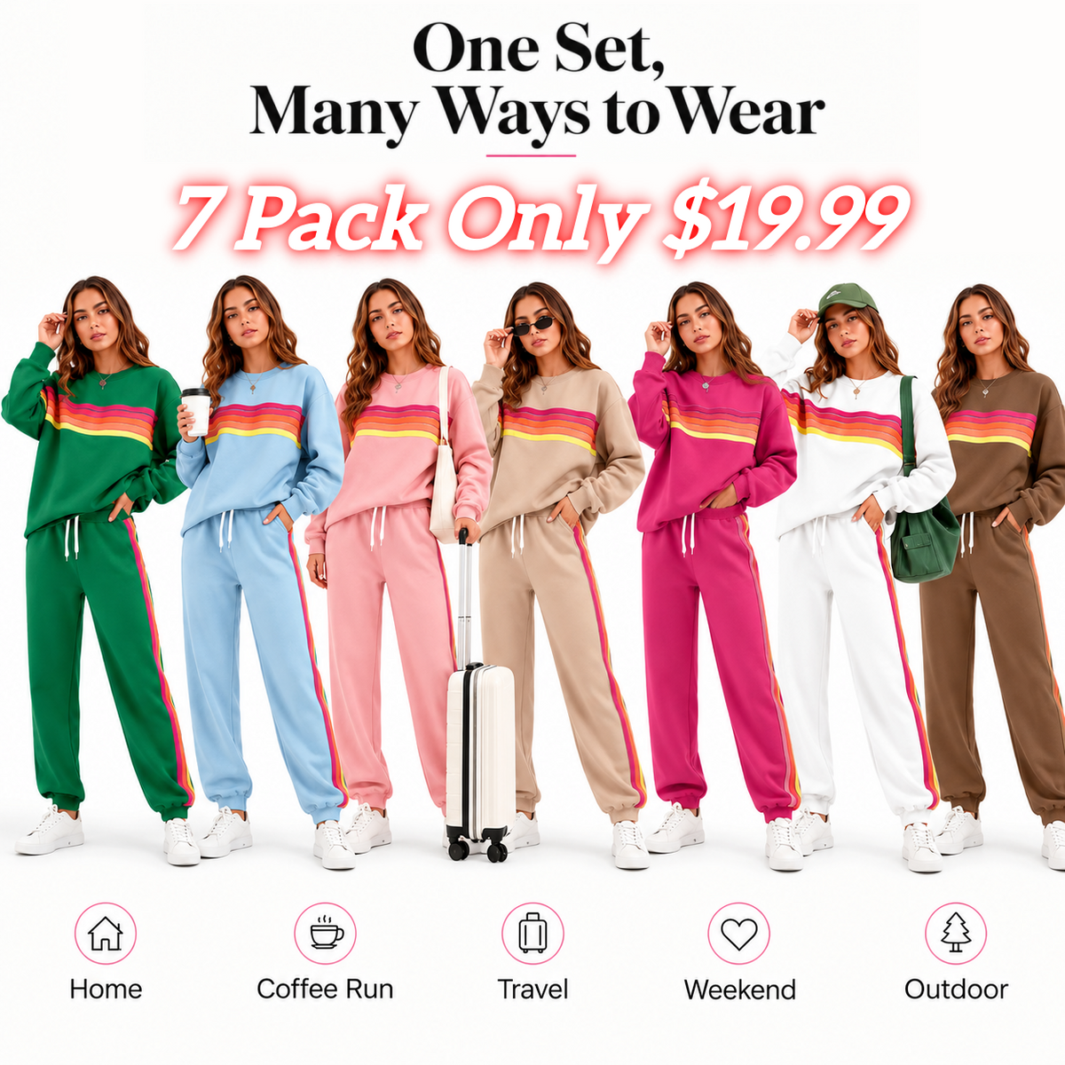 Women’s 2-Piece Loose-Fit Sweatshirt Set – Retro Rainbow Stripe Crewneck Sweatshirt & Casual Track Pants🔥