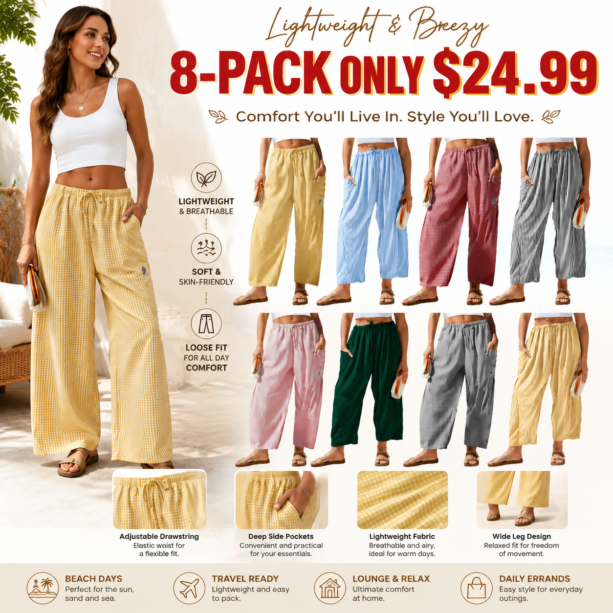 Womens Wide Leg Gingham Striped Plaid Pants