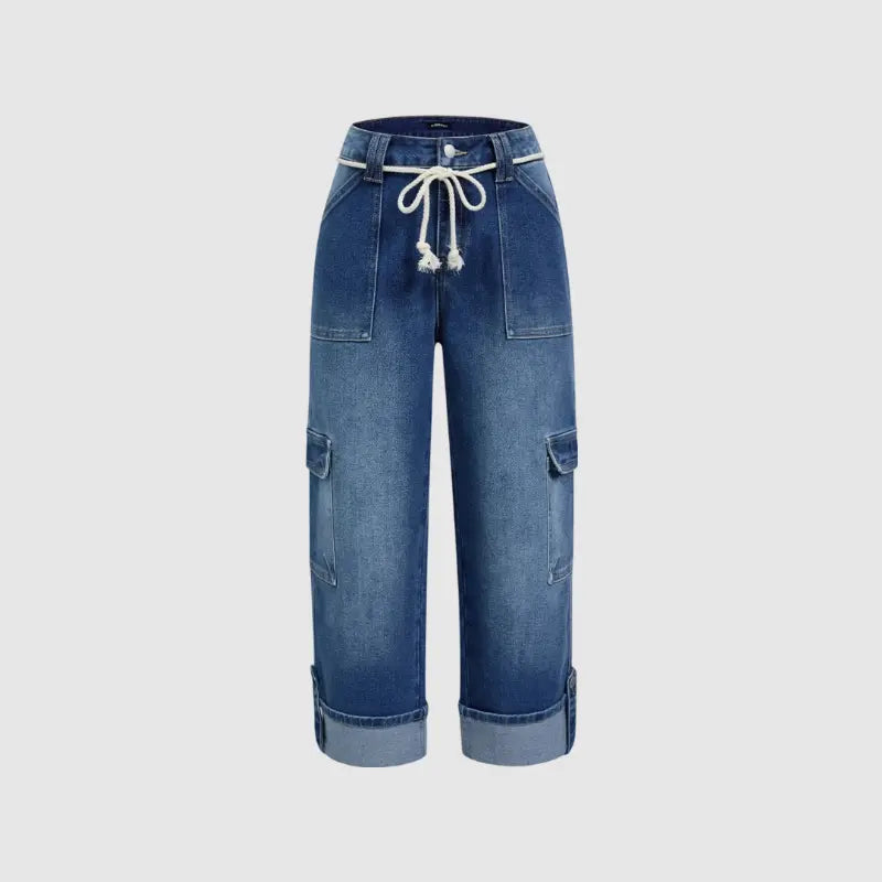 Drawstring Flap Pocket Roll Hem High Waist Straight Leg Crop Jeans