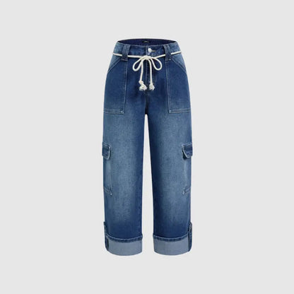 Drawstring Flap Pocket Roll Hem High Waist Straight Leg Crop Jeans