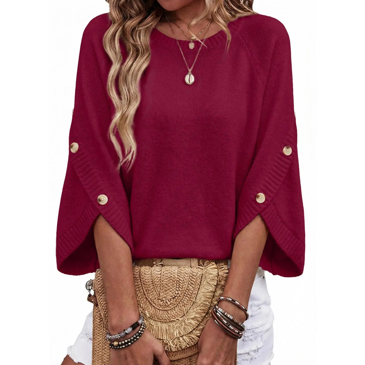 Women's Oversized Sweater, 3/4 Button Sleeve, Crewneck Casual Lightweight Knit Solid Pullover Sweater Top