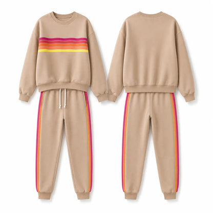 Women’s 2-Piece Loose-Fit Sweatshirt Set – Retro Rainbow Stripe Crewneck Sweatshirt & Casual Track Pants🔥