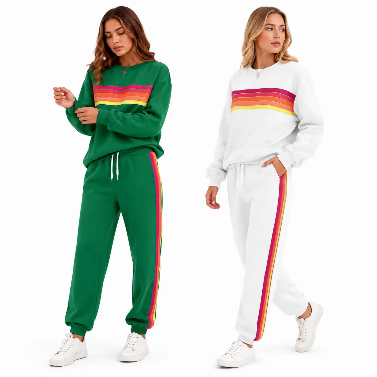Women’s 2-Piece Loose-Fit Sweatshirt Set – Retro Rainbow Stripe Crewneck Sweatshirt & Casual Track Pants🔥