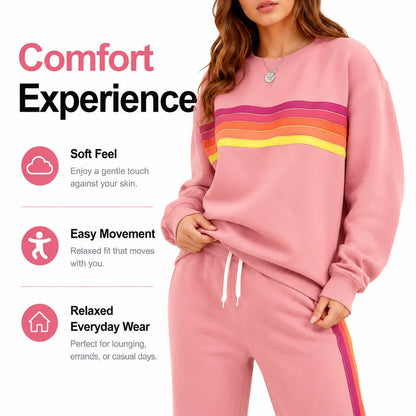 Women’s 2-Piece Loose-Fit Sweatshirt Set – Retro Rainbow Stripe Crewneck Sweatshirt & Casual Track Pants🔥