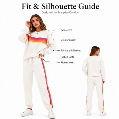 Women’s 2-Piece Loose-Fit Sweatshirt Set – Retro Rainbow Stripe Crewneck Sweatshirt & Casual Track Pants🔥