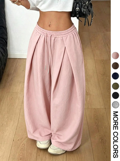 Women Elastic Waist Cuffed Jogger Pants, High Waist Baggy Wide Leg Sweatpants With Drawstring Ankle