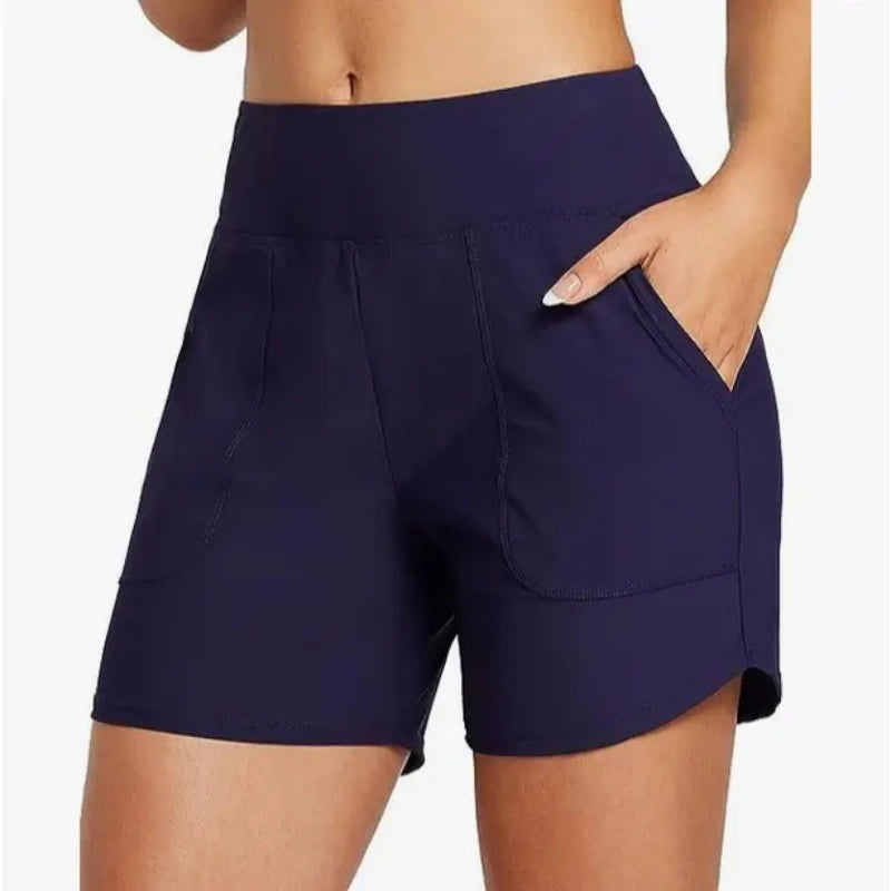 Women's High Waisted Quick Dry Swim Shorts with Zipper Pockets
