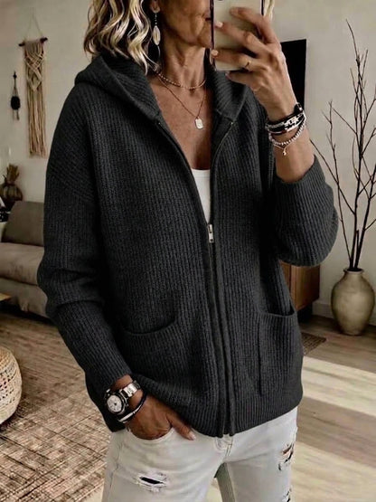 CLEARANCE 💥 Women's Casual Solid Zipper Knitted Hoodie Cardigan Jacket