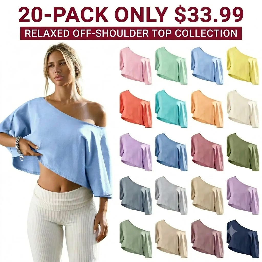 🔥Last Chance to Save ! Womens Cotton Off-Shoulder Crop Top Loose Batwing Sleeve Asymmetrical Neck Casual Tee
