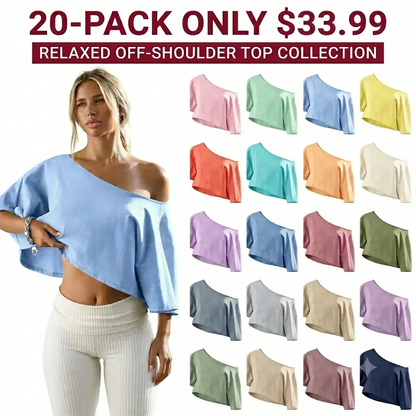 🔥Last Chance to Save ! Womens Cotton Off-Shoulder Crop Top Loose Batwing Sleeve Asymmetrical Neck Casual Tee
