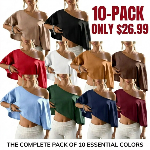 🔥Last Chance to Save ! Womens Cotton Off-Shoulder Crop Top Loose Batwing Sleeve Asymmetrical Neck Casual Tee
