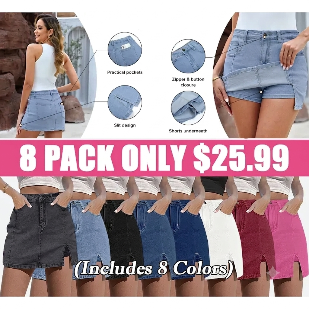 Women’s High Waisted Stretch Denim Skort for Women – Mini Jean Skirt with Built-In Shorts & Side Slit