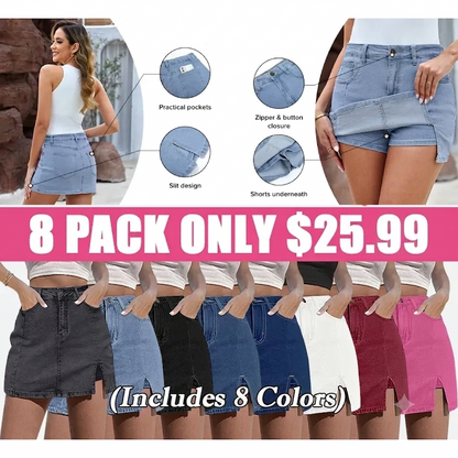 Women’s High Waisted Stretch Denim Skort for Women – Mini Jean Skirt with Built-In Shorts & Side Slit