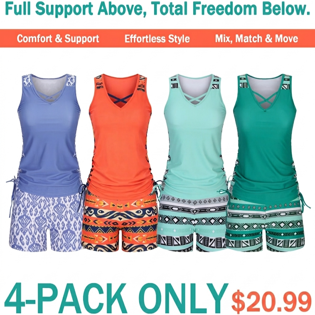 ⏰LAST DAY 90% OFF - Women's 2-Piece Tummy Control Tankini Set with Built-In Bra – Flattering Boho Swimwear with Shorts