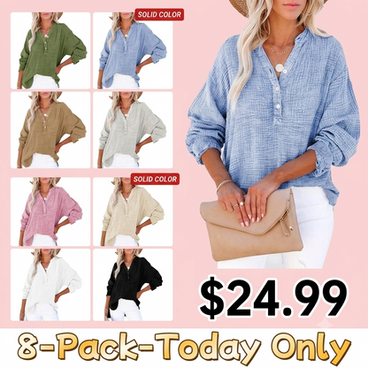 Womens Casual Button V Neck Long Sleeve Shirts Oversized Solid Blouses Tops