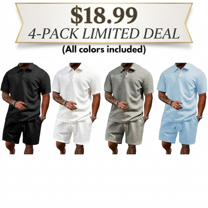 Men's Casual Solid-Color Polo Shirt and Shorts Two-Piece Set