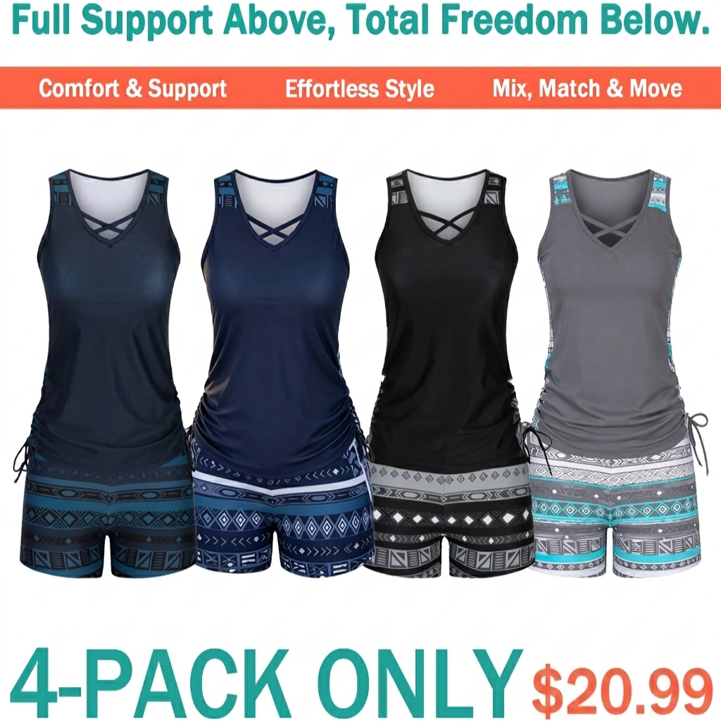 ⏰LAST DAY 90% OFF - Women's 2-Piece Tummy Control Tankini Set with Built-In Bra – Flattering Boho Swimwear with Shorts