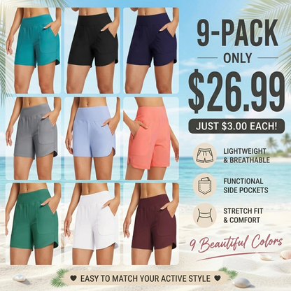 Women's High Waisted Quick Dry Swim Shorts with Zipper Pockets