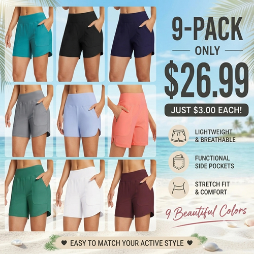 Women's High Waisted Quick Dry Swim Shorts with Zipper Pockets