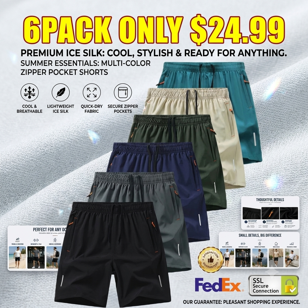 🔥Flash Sale Men's Zipper Pocket Shorts, Summer Ice Silk Beach Shorts