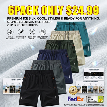 🔥Flash Sale Men's Zipper Pocket Shorts, Summer Ice Silk Beach Shorts