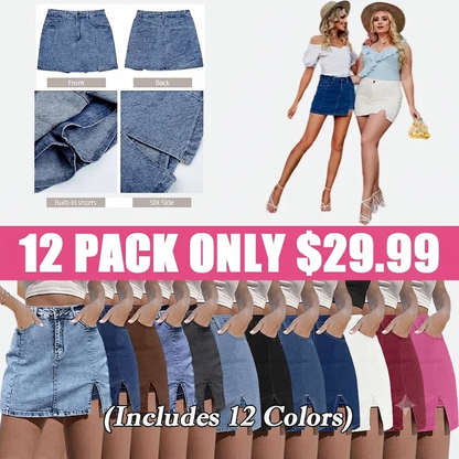 Women’s High Waisted Stretch Denim Skort for Women – Mini Jean Skirt with Built-In Shorts & Side Slit