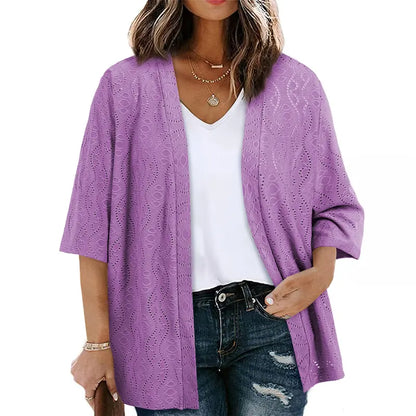 Plus Size Knitted Jacquard Cardigan for Women, Half Sleeve Summer Kimono Cover Up, Elegant Open Front Tops