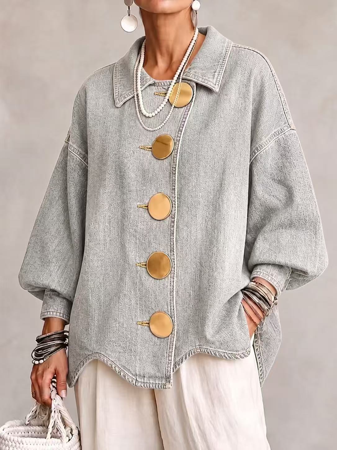 🤲LAST DAY SAVE 50% ⏰Collared Oversized Denim Jacket With Large Metal Buttons