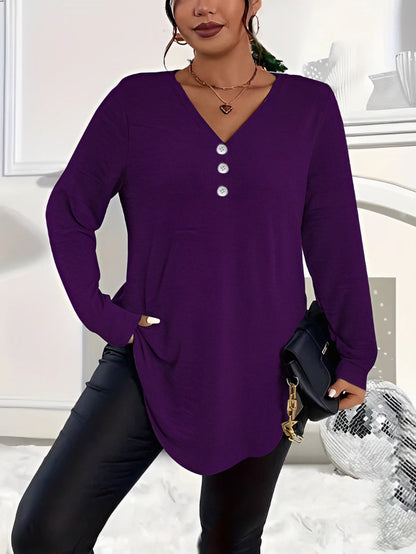 Plus Size V-Neck Henley Long Sleeve Tunic Top
