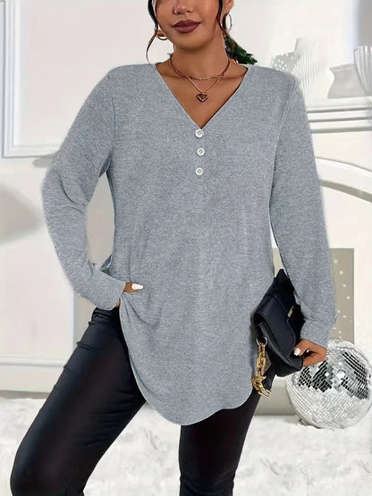 Plus Size V-Neck Henley Long Sleeve Tunic Top
