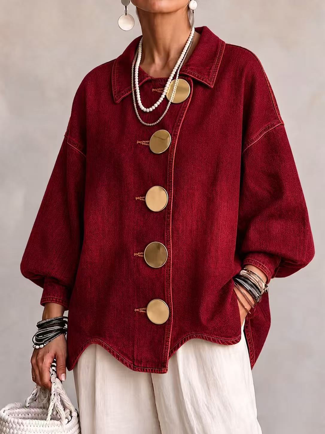 🤲LAST DAY SAVE 50% ⏰Collared Oversized Denim Jacket With Large Metal Buttons
