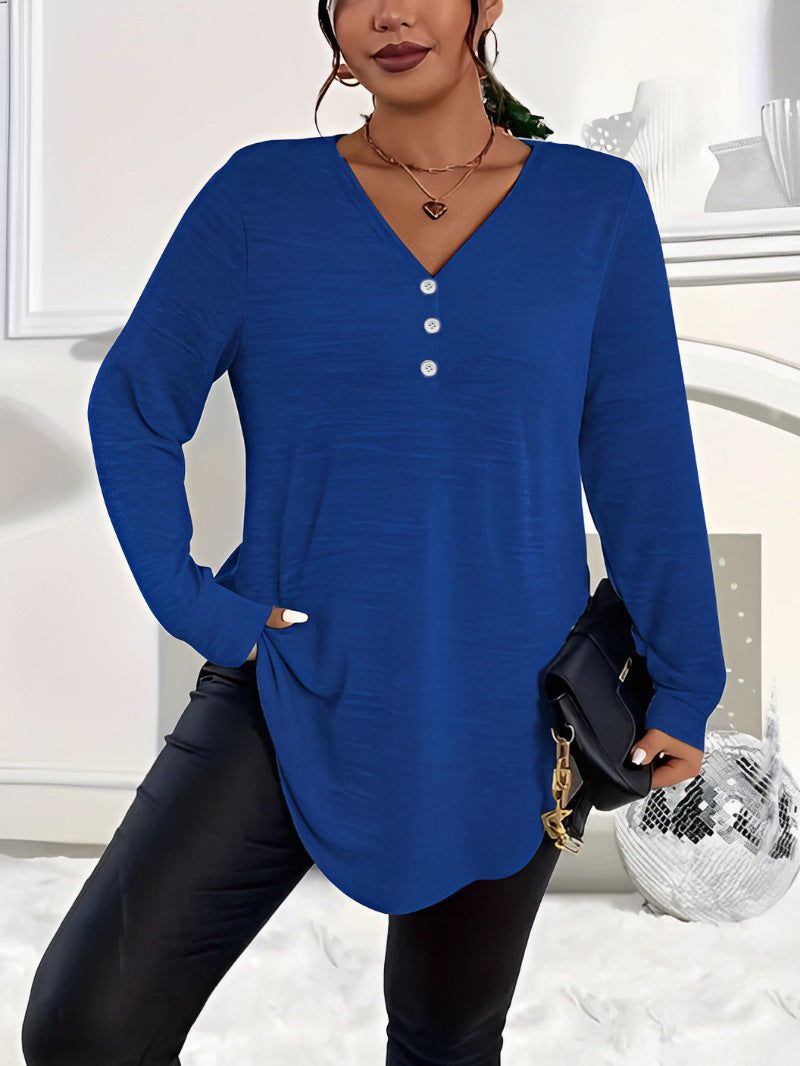 Plus Size V-Neck Henley Long Sleeve Tunic Top