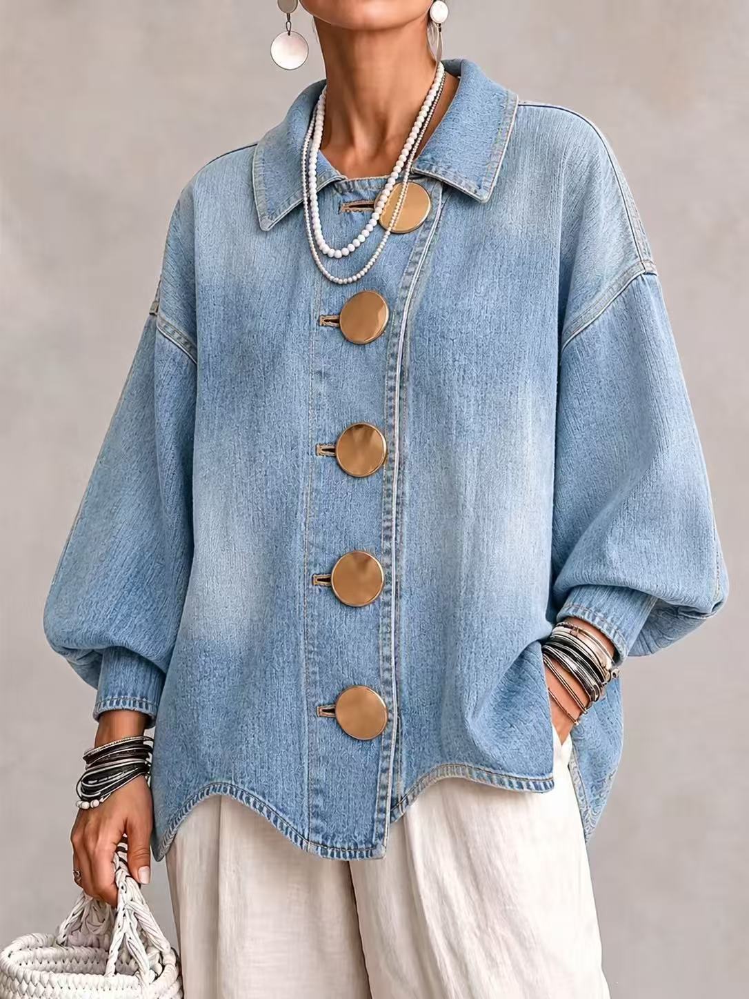 🤲LAST DAY SAVE 50% ⏰Collared Oversized Denim Jacket With Large Metal Buttons
