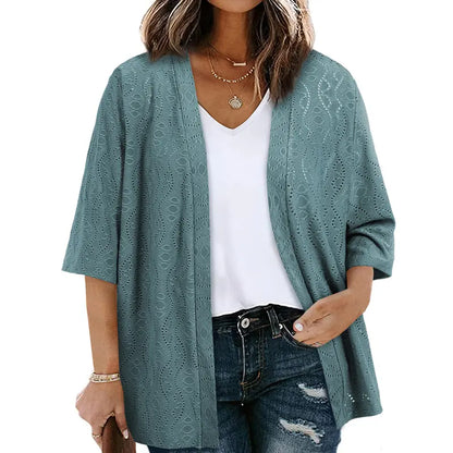 Plus Size Knitted Jacquard Cardigan for Women, Half Sleeve Summer Kimono Cover Up, Elegant Open Front Tops