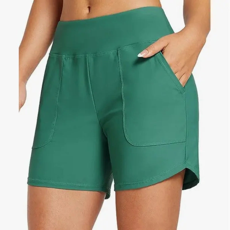 Women's High Waisted Quick Dry Swim Shorts with Zipper Pockets