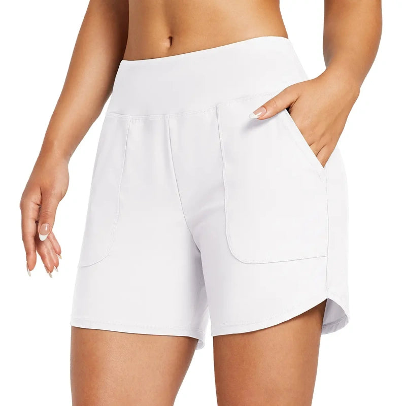 Women's High Waisted Quick Dry Swim Shorts with Zipper Pockets